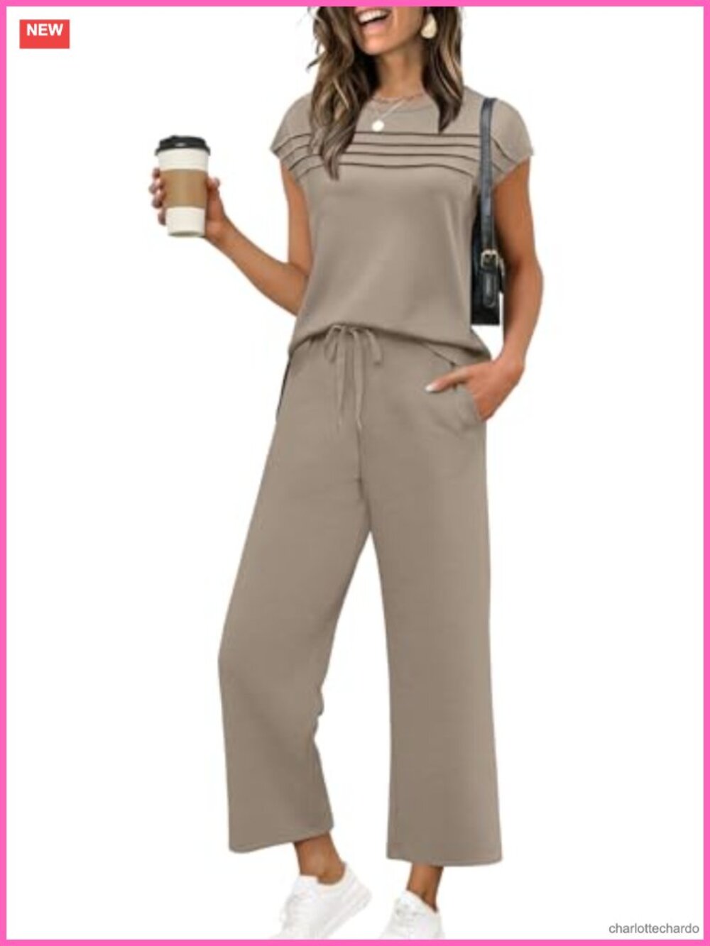 Women's Two Piece Lounge Set Cap Sleeve Top Wide Leg Pants Travel Outfit